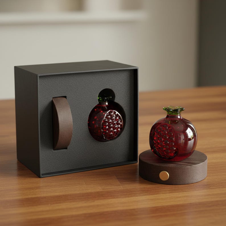 May include: A decorative glass pomegranate with a red body and green accents, displayed on a wooden base. The pomegranate is also featured inside a black box with a brown handle.