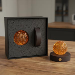 Puede incluir: Una esfera decorativa de vidrio color ámbar con una superficie texturizada, presentada sobre una base de madera oscura con un acento dorado. La esfera también se muestra dentro de una caja negra con un asa marrón oscuro.