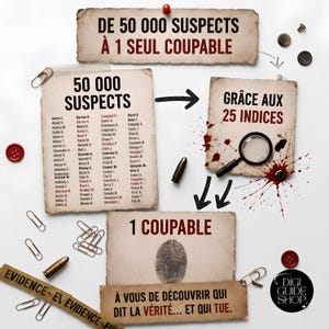 May include: A detective-themed game set featuring aged paper documents with text including 50 000 SUSPECTS, 1 COUPABLE, and GR&Acirc;CE AUX 25 INDICES. Includes a magnifying glass, bullet casings, paper clips, buttons, and a fingerprint graphic on a white background.