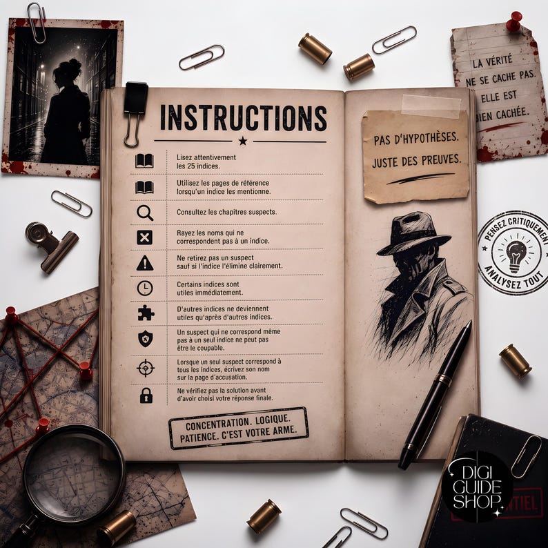 May include: An open detective-themed game book with instructions, a sketch of a person in a fedora, and a black pen. The page features text including INSTRUCTIONS, PAS D'HYPOTH&Egrave;SES. JUSTE DES PREUVES, and CONCENTRATION. LOGIQUE. PATIENCE. C'EST VOTRE ARME.