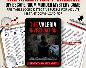 May include: A DIY escape room murder mystery game titled The Valeria Investigation, featuring a tablet displaying the game cover, a list of 25 clues, a suspect name grid with a cleared stamp, a magnifying glass, and a red pencil on a light background.