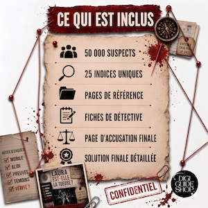 May include: A crime investigation game set featuring a parchment-style list titled CE QUI EST INCLUS. It includes 50,000 suspects, 25 unique clues, reference pages, detective sheets, a final accusation page, and a detailed solution, with red string accents.