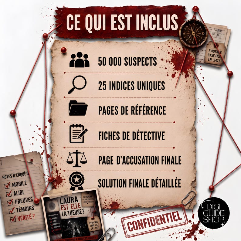 May include: A crime investigation game set featuring a parchment-style list titled CE QUI EST INCLUS. It includes 50,000 suspects, 25 unique clues, reference pages, detective sheets, a final accusation page, and a detailed solution, with red string accents.