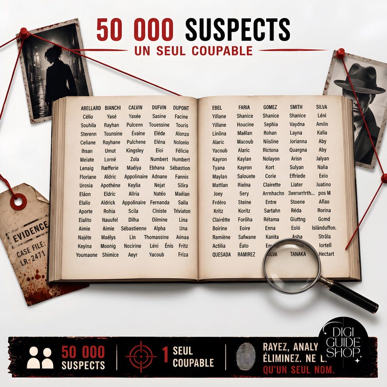 May include: An open book with lists of names under headings like Abellard and Faria, featuring a magnifying glass, two framed photos, and an evidence tag labeled Case File LR-2471. The text 50 000 SUSPECTS UN SEUL COUPABLE is displayed above.