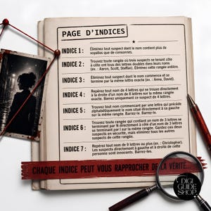May include: A page titled PAGE D'INDICES featuring seven numbered clues in French, a black and white photograph of a person in a city street, a red pen, and a magnifying glass. A red banner across the bottom reads CHAQUE INDICE PEUT VOUS RAPPROCHER DE LA V&Eacute;RIT&Eacute;.