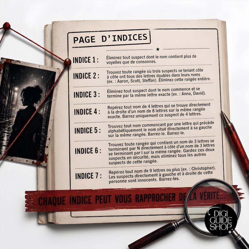 May include: A page titled PAGE D'INDICES featuring seven numbered clues in French, a black and white photograph of a person in a city street, a red pen, and a magnifying glass. A red banner across the bottom reads CHAQUE INDICE PEUT VOUS RAPPROCHER DE LA V&Eacute;RIT&Eacute;.