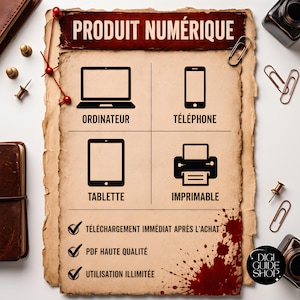 May include: A digital product information sheet on aged paper with the text PRODUIT NUM&Eacute;RIQUE. It features icons for a computer, phone, tablet, and printer, labeled ORDINATEUR, T&Eacute;L&Eacute;PHONE, TABLETTE, and IMPRIMABLE, with checkmarks for download details.