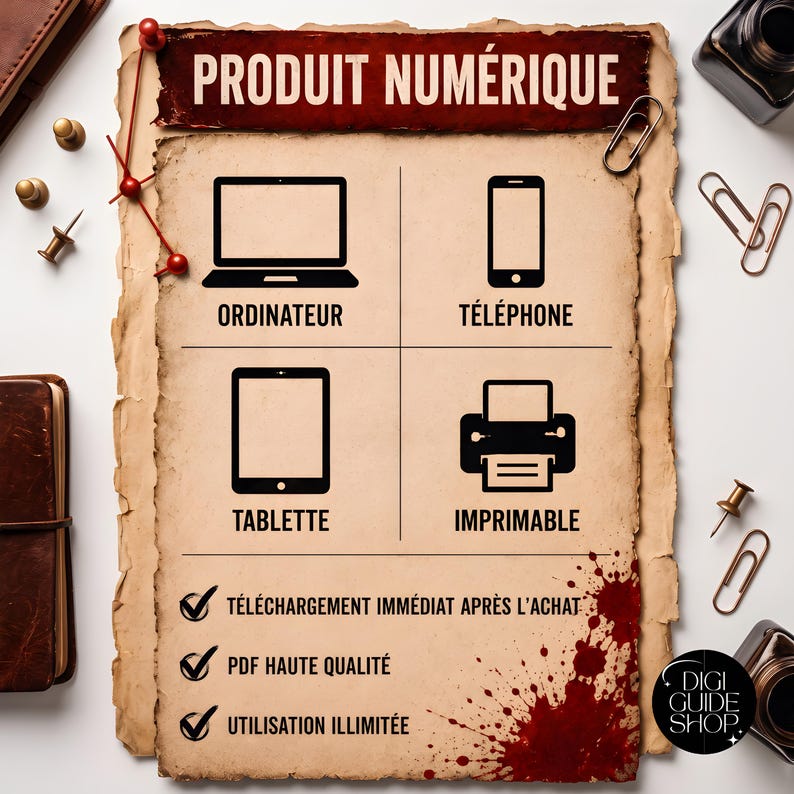May include: A digital product information sheet on aged paper with the text PRODUIT NUM&Eacute;RIQUE. It features icons for a computer, phone, tablet, and printer, labeled ORDINATEUR, T&Eacute;L&Eacute;PHONE, TABLETTE, and IMPRIMABLE, with checkmarks for download details.