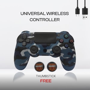 Wireless Bluetooth Game Controller – Blue Camo Gamepad – Dual Vibration – Rechargeable  – Free Thumbsticks