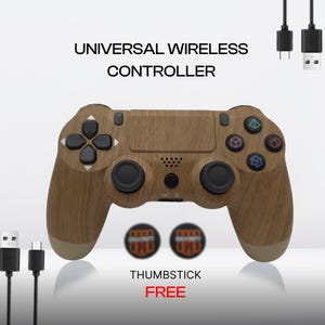 May include: A brown wood-grain universal wireless controller with black buttons and directional pad. The controller has a textured finish and includes two thumbstick covers. The text "UNIVERSAL WIRELESS CONTROLLER" is at the top.