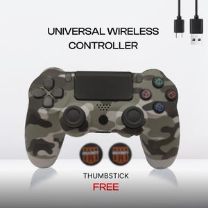 May include: Camouflage-patterned universal wireless controller with black buttons and directional pad. Includes two thumbsticks and the text "FREE". The controller has a black center panel and colored action buttons.