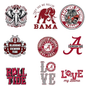 Pode incluir: Uma coleção de gráficos com o tema Alabama Crimson Tide. Os designs incluem um elefante, o logotipo da equipe e texto como "Bama", "Roll Tide" e "Love my Bama". O esquema de cores é principalmente carmesim e branco.