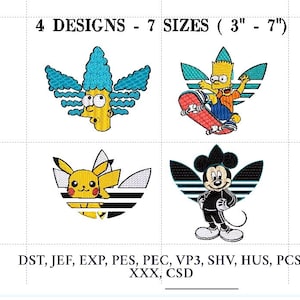 Puede incluir: Cuatro diseños de bordado con personajes de dibujos animados dentro de un logotipo estilizado. Los diseños incluyen un personaje con cabello azul, Bart Simpson en monopatín, Pikachu y Mickey Mouse. La imagen también indica 7 tamaños, de 7.6 a 17.8 cm.