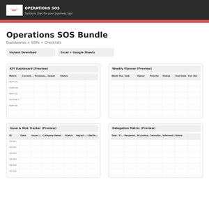 Op de afbeelding: Een digitaal document getiteld "Operations SOS Bundle" met de tekst "Dashboards + SOPs + Checklists". Het bevat previews van een KPI Dashboard, Weekly Planner, Issue & Risk Tracker en Delegation Matrix. Direct downloaden, compatibel met Excel en Google Sheets.