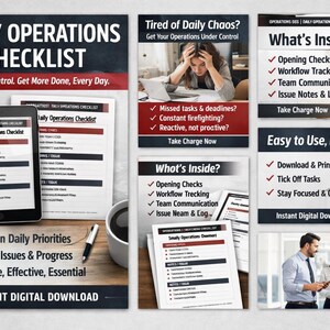 May include: An image promoting a digital daily operations checklist. The image shows a tablet and printed checklist, with text highlighting key features like tracking issues and instant download. The image also includes the text "Stay in Control. Get More Done, Every Day."