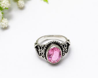 Handgefertigter ovaler Ring aus rosa Kunzit, facettierter Edelstein, 925er Sterlingsilber