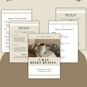 Könnte beinhalten: Ein digitaler Download mit einer 7-Tage-Reset-Routine. Das Design umfasst mehrere Seiten mit Text, eine Kaffeetasse und dekorative Elemente. Der Text enthält "Sofortiger digitaler Download" und "Druckbare und digitale Nutzung."
