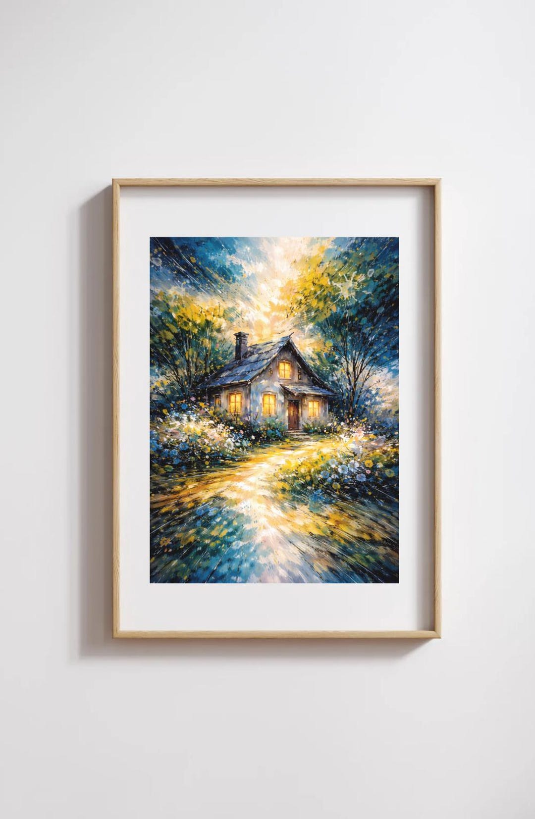 Printable Wall Art, Cozy Cottage Night Landscape, Abstract Cabin ...