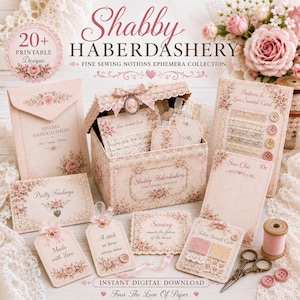 Könnte beinhalten: Eine Shabby Haberdashery Kurzwaren-Ephemera-Kollektion mit einer dekorativen Schachtel, Umschlägen und Karten mit Blumenmustern. Der Text umfasst 20+ Printable Designs, Shabby Haberdashery, Pretty Findings, Sew Chic und Made with Love.