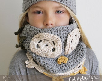 Crochet Pattern: Luna the Owl Hat and Cowl Set-Toddler, Child, & Adult Sizes-owl, dress-up, costume, hat, feather, cowl