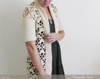 Crochet Pattern: The Amy Eliza Cardigan Adult XS/S, M/L, XL shawl collar lace open work sweater