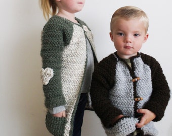 Crochet Pattern: The Sowerby Cardigan Sizes 3 months 6 months 12 months 2/3T 4/5T fall chunky unisex boy girl sweater elbow patches