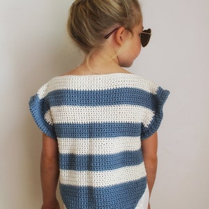 Crochet Pattern: The Alana T Shirt-6 Sizes Child XS, S, M Adult XS, S, M-hi lo hem, stripes, shirt, summer, cropped image 3