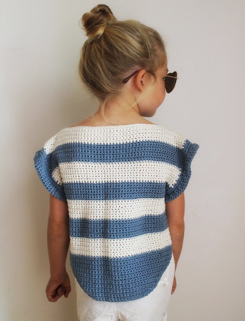 Crochet Pattern: The Alana T Shirt-6 Sizes Child XS, S, M Adult XS, S, M-hi lo hem, stripes, shirt, summer, cropped image 3