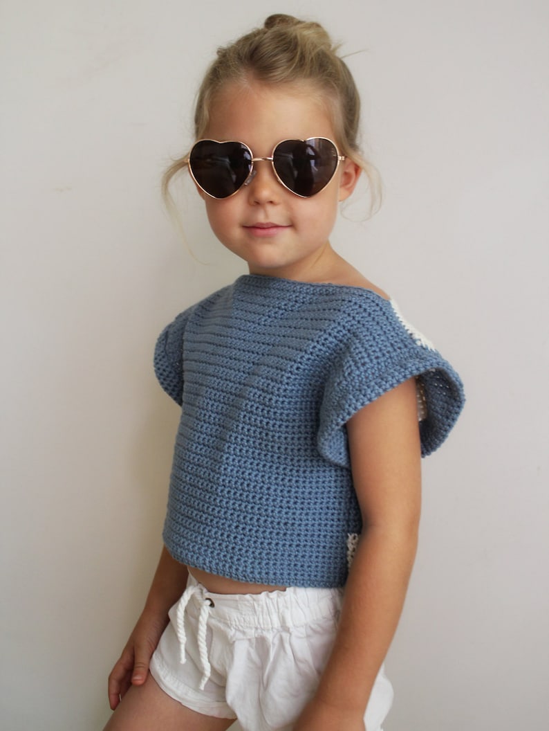 Crochet Pattern: The Alana T Shirt-6 Sizes Child XS, S, M Adult XS, S, M-hi lo hem, stripes, shirt, summer, cropped image 2