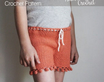 Crochet Pattern: The Isla Shorts in 4 girls sizes-2/3T, 4/5T, 6/7, 8/10 pom pom edge summer drawstring beach coral