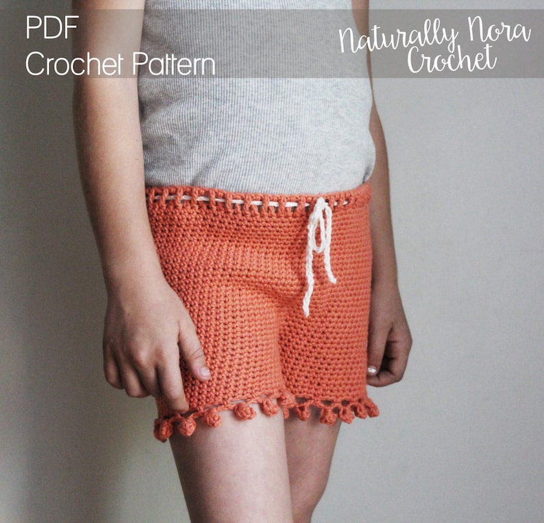 Crochet Pattern: The Isla Shorts in 4 girls sizes-2/3T, 4/5T, 6/7, 8/10 pom pom edge summer drawstring beach coral image 1