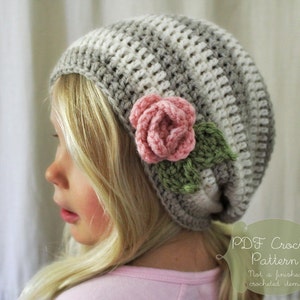 Crochet PATTERN: The Haven Slouchy Beret Toddler, Child, & Adult Sizes stripe, simple, beanie, flower, rose image 1