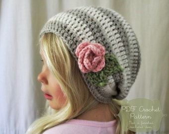 Crochet PATTERN: The Haven Slouchy Beret -Toddler, Child, & Adult Sizes- stripe, simple, beanie, flower, rose