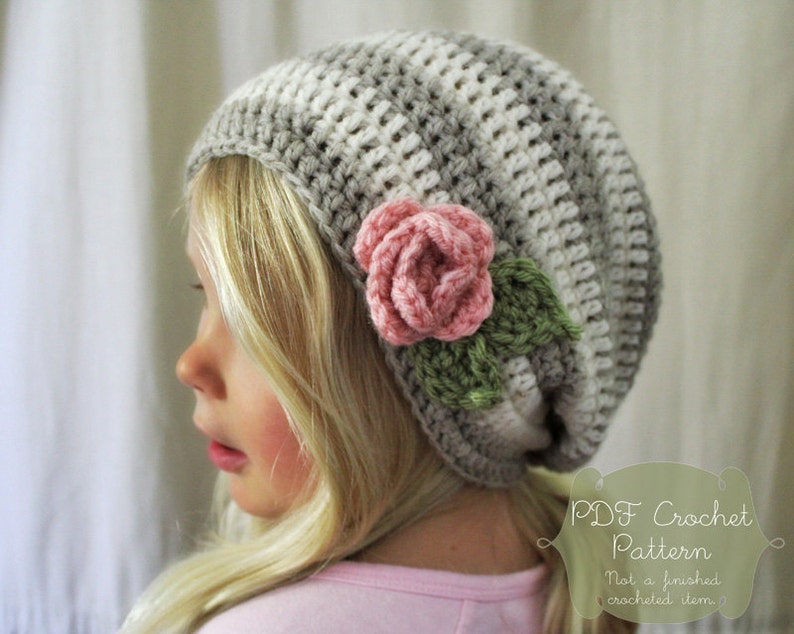 Crochet PATTERN: The Haven Slouchy Beret Toddler, Child, & Adult Sizes stripe, simple, beanie, flower, rose image 1