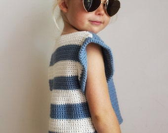 Crochet Pattern: The Alana T Shirt-6 Sizes Child XS, S, M Adult XS, S, M-hi lo hem, stripes, shirt, summer, cropped