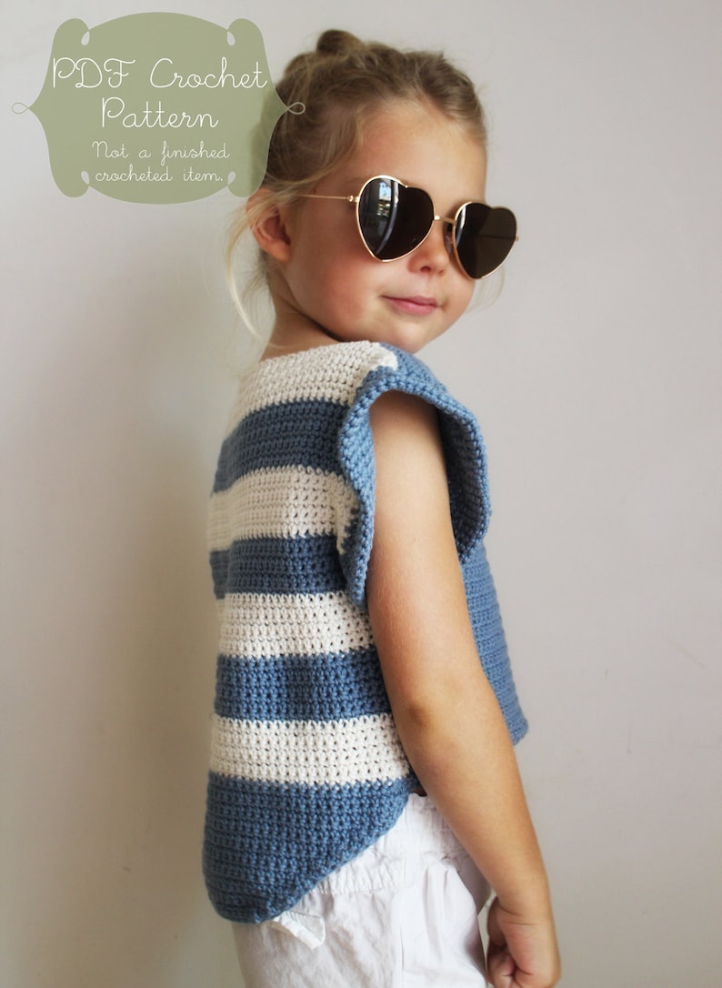 Crochet Pattern: The Alana T Shirt-6 Sizes Child XS, S, M Adult XS, S, M-hi lo hem, stripes, shirt, summer, cropped image 1