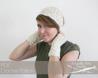 Crochet Pattern: Sufficient Grace Beret and Mitts- Toddler, Child, Adult Size lace spring hat fingerless gloves easter art deco