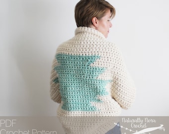 Crochet Pattern: The Donoma Sweater Child Small/Med, Child Large/XL, Adult Small/Med, Adult Large/ XL, cocoon aztec turquoise cozy chunky