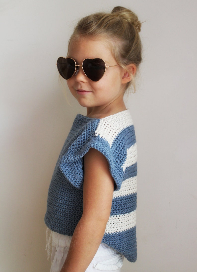 Crochet Pattern: The Alana T Shirt-6 Sizes Child XS, S, M Adult XS, S, M-hi lo hem, stripes, shirt, summer, cropped image 4