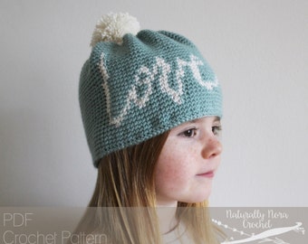 Crochet Pattern: The Agape Beanie 3 sizes Toddler, Child, Adult hand lettering love valentines day toque hat