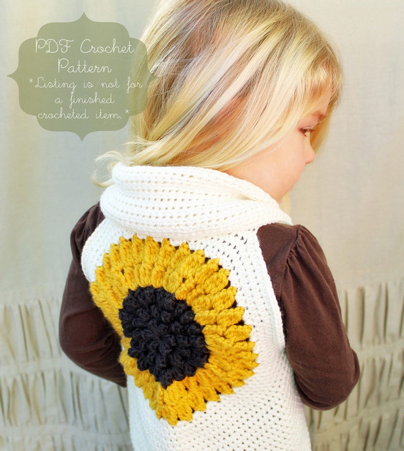 Crochet Pattern: The Clementine Shrug Vest Toddler, Child, & Adult Sm/Med. Sizes sunflower, mustard yellow, spring, fingerless image 6