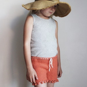 Crochet Pattern: The Isla Shorts in 4 girls sizes-2/3T, 4/5T, 6/7, 8/10 pom pom edge summer drawstring beach coral image 4