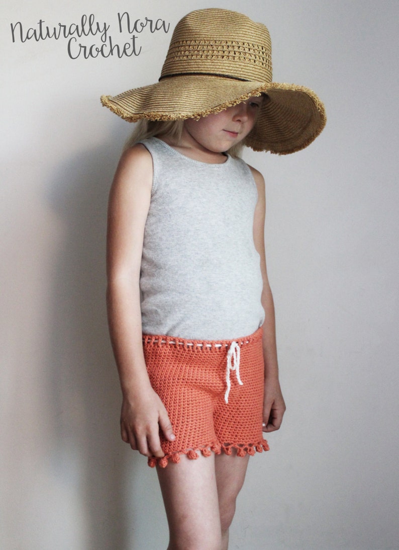 Crochet Pattern: The Isla Shorts in 4 girls sizes-2/3T, 4/5T, 6/7, 8/10 pom pom edge summer drawstring beach coral image 4