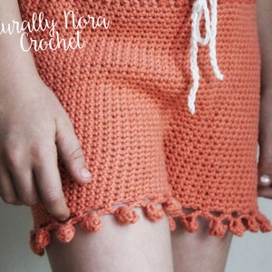 Crochet Pattern: The Isla Shorts in 4 girls sizes-2/3T, 4/5T, 6/7, 8/10 pom pom edge summer drawstring beach coral image 3