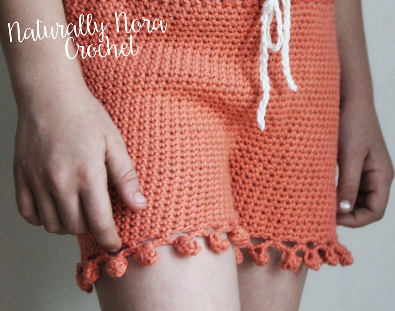 Crochet Pattern: The Isla Shorts in 4 girls sizes-2/3T, 4/5T, 6/7, 8/10 pom pom edge summer drawstring beach coral image 3