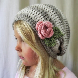 Crochet PATTERN: The Haven Slouchy Beret Toddler, Child, & Adult Sizes stripe, simple, beanie, flower, rose image 2