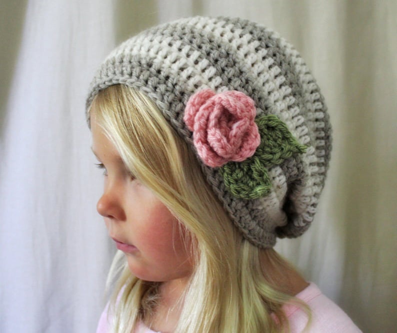 Crochet PATTERN: The Haven Slouchy Beret Toddler, Child, & Adult Sizes stripe, simple, beanie, flower, rose image 2