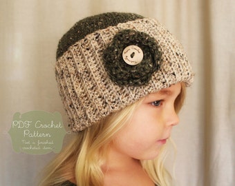 Crochet Pattern: The Cadence Cap -Toddler, Child, Adult Sizes-rose, rustic, tweed, ribbed, fall, button, fisherman, beanie, removable flower