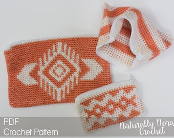 Crochet Pattern: The Piper Pouches; 3 Sizes; tapestry, summer, cotton, cosmetic bag, purse