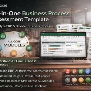 Puede incluir: Un ordenador portátil que muestra una hoja de cálculo de Excel titulada "All-in-One Business Process Assessment Template". La pantalla muestra gráficos de análisis de datos. También se ven documentos e iconos adicionales. La plantilla analiza los procesos ERP y empresariales.